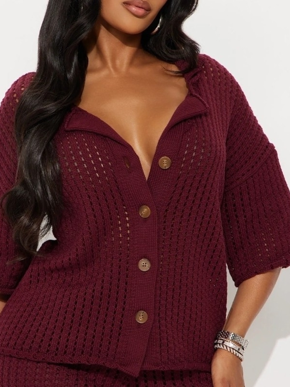 Fashion Nova Women's Burgundy Crochet Open-Knit Collared Button Cardigan S